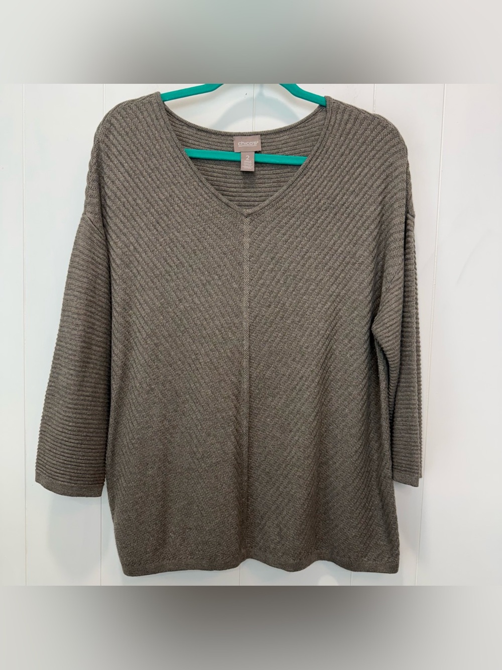 Chico's Cashmere Blend V-Neck Ribbed Brown Sweater Top Size 2 12 Large